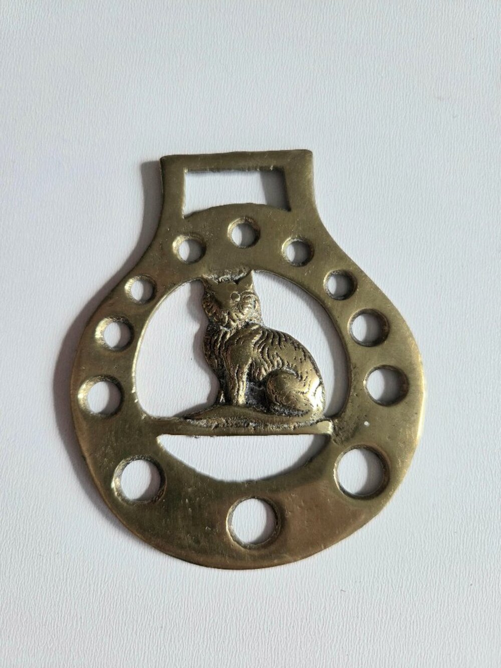 Vintage solid brass Horse brass medallion with cat image. Horse brass.